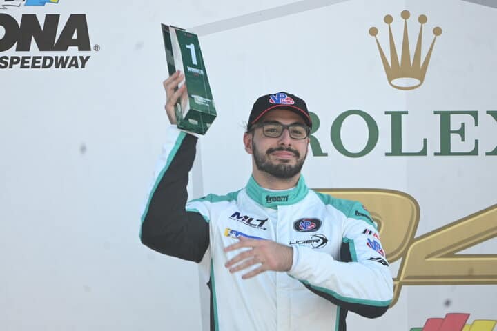 Steven Aghakhani in victory lane after winning VP Racing SportsCar Challenge Race No. 2 at Daytona International Speedway, 1/21/2024 (Photo: Phil Allaway)