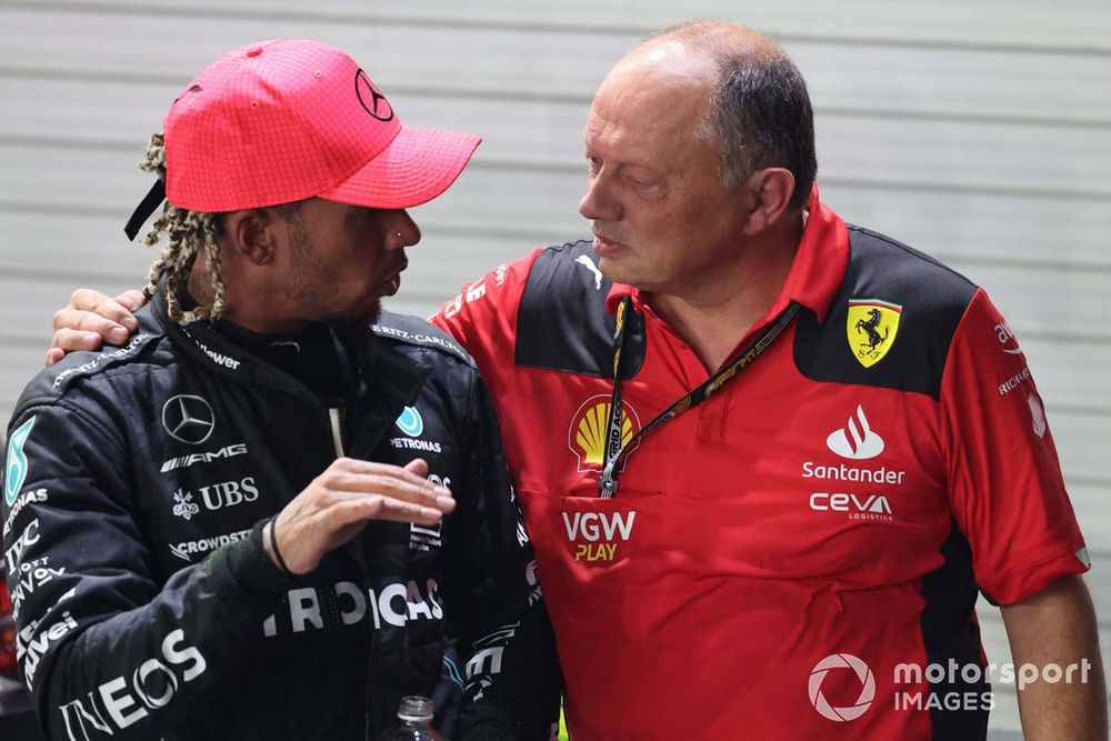 Lewis Hamilton, Mercedes-AMG, 3rd position, Frederic Vasseur, Team Principal and General Manager, Scuderia Ferrari, talk after the race
