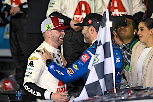 Nascar Cup Series driver William Byron congratulated by Jimmie Johnson after winning the Daytona 500, NKP
