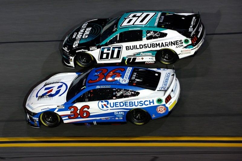 2024 Cup Daytona I Duel side-by-side racing II - Kaz Grala, No. 36 Front Row Motorsports Ford, and David Ragan, No. 60 RFK Racing Ford (Credit: Sean Gardner/Getty Images via NASCAR Media)