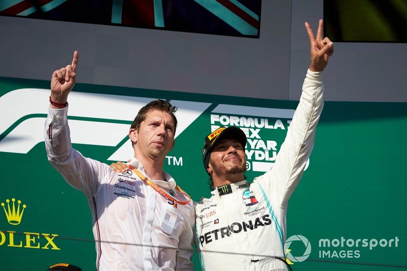 James Vowles, Motorsport Strategy Director, Mercedes AMG F1, and Lewis Hamilton, Mercedes AMG F1, 1st position, on the podium