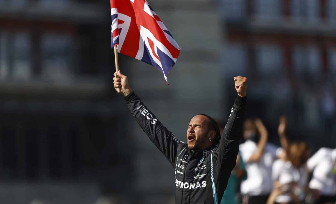Lewis Hamilton cheers after winning the 2021 British Grand Prix (Photo: LAT Images)
