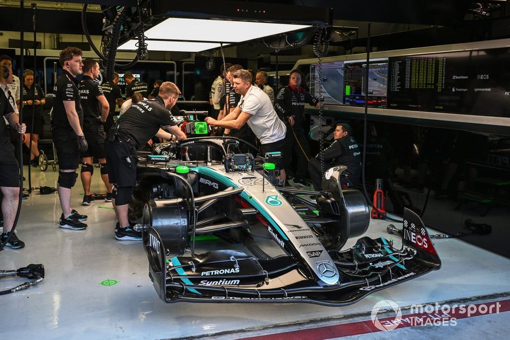 The car of George Russell, Mercedes F1 W15, in the garage