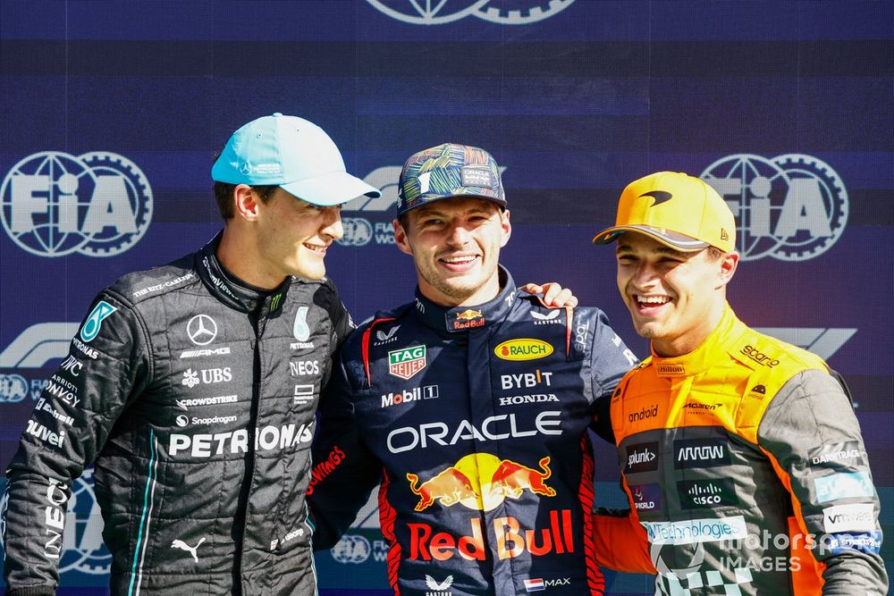 Top three qualifiers George Russell, Mercedes-AMG, pole man Max Verstappen, Red Bull Racing, Lando Norris, McLaren