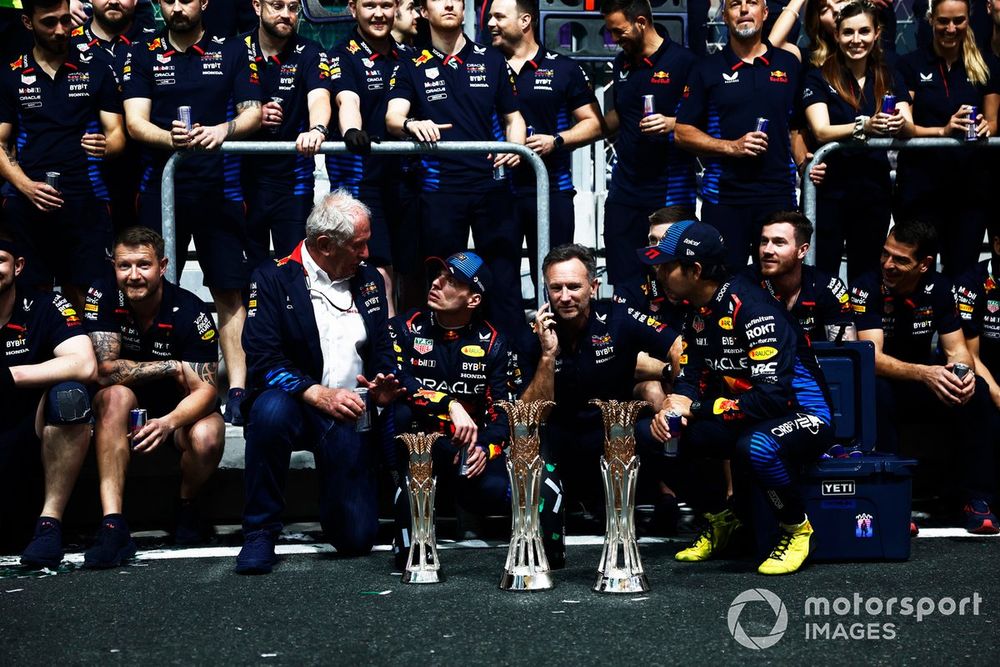 Max Verstappen, Red Bull Racing, 1st position, Sergio Perez, Red Bull Racing, 2nd position, with Helmut Marko, Consultant, Red Bull Racing and Christian Horner, Team Principal, Red Bull Racing 