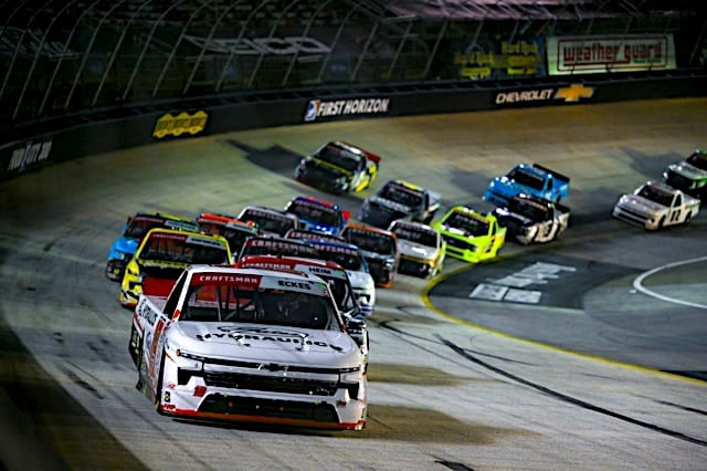 NASCAR CRAFTSMAN Truck Series truck of Christian Eckes and others pack racing at Bristol Motor Speedway, NKP