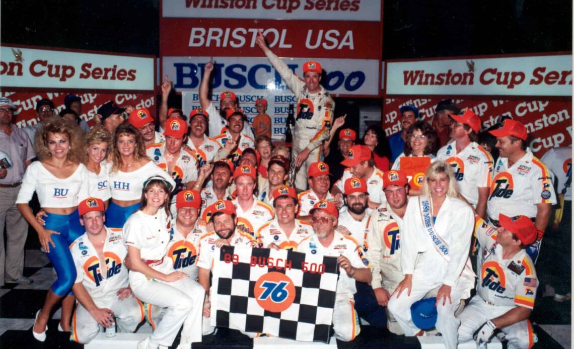 Darrell Waltrip celebrates one of his 12 wins at Bristol Motor Speedway