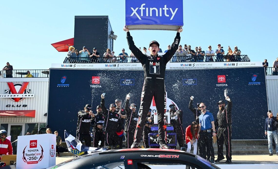 Chandler Smith wins NASCAR Xfinity race at Richmond in JGR 1-2-3