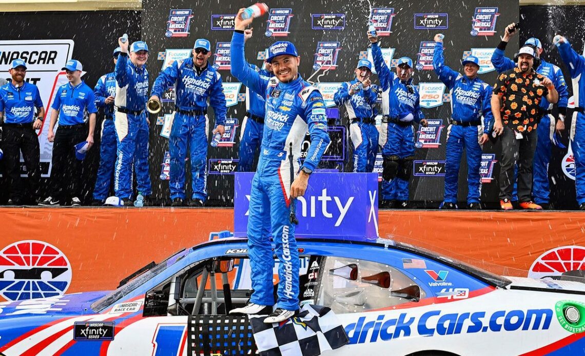 Larson wins wild NASCAR Xfinity race at COTA after SVG and Hill clash