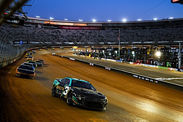 Austin Dillon's No. 3 racing on track in the NASCAR Cup Series Food City Dirt Race at Bristol Motor Speedway, NKP