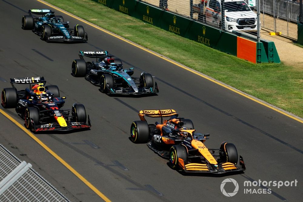 Oscar Piastri, McLaren MCL38 Sergio Perez, Red Bull Racing RB20 and George Russell, Mercedes F1 W15