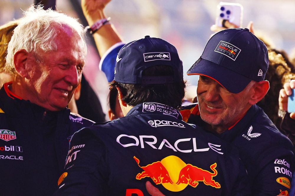 Helmut Marko, Consultant, Red Bull Racing, Sergio Perez, Red Bull Racing, Adrian Newey, Chief Technology Officer, Red Bull Racing, celebrate in Parc Ferme