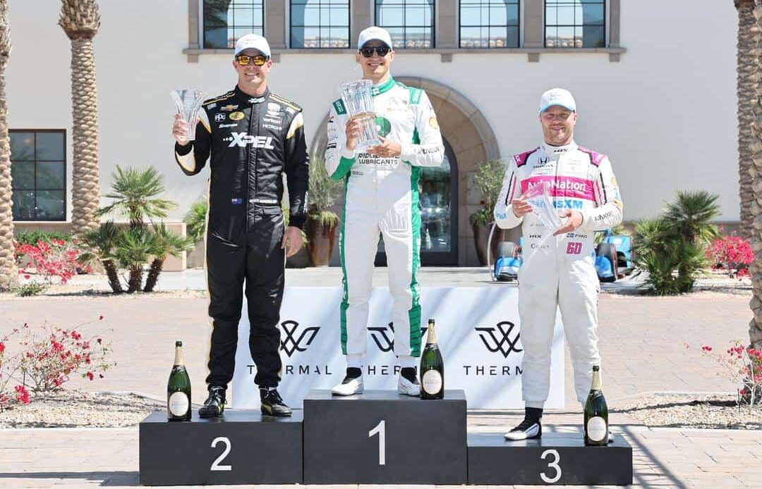 Scott Mclaughlin Alex Palou And Felix Rosenqvist on the podium at the $1 Million Challenge at The Thermal Club.