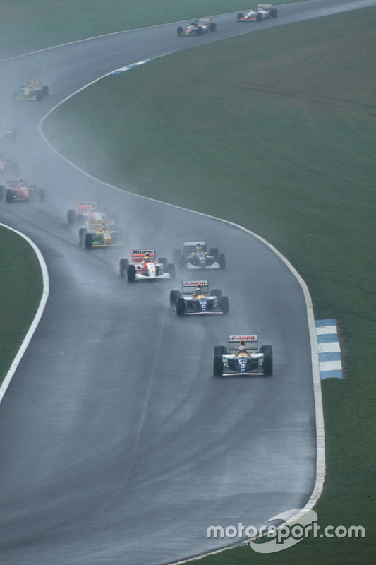 Alain Prost, Williams FW15C Renault leads Damon Hill, Williams FW15C Renault, Ayrton Senna, McLaren MP4/8 Ford