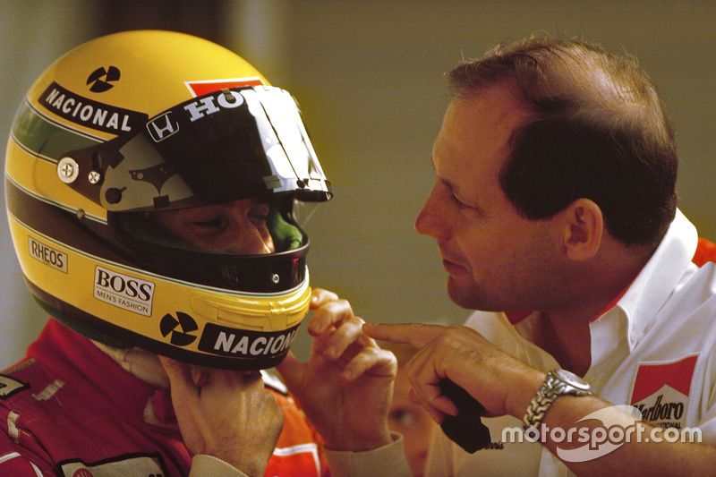 Ayrton Senna, McLaren Honda, prepares to qualify under the watchful eye of McLaren team boss Ron Dennis