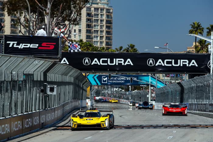 Renger van der Zande takes the checkered flag to win the IMSA Acura Grand Prix of Long Beach, 4/20/2024 (Photo: Courtesy of IMSA)