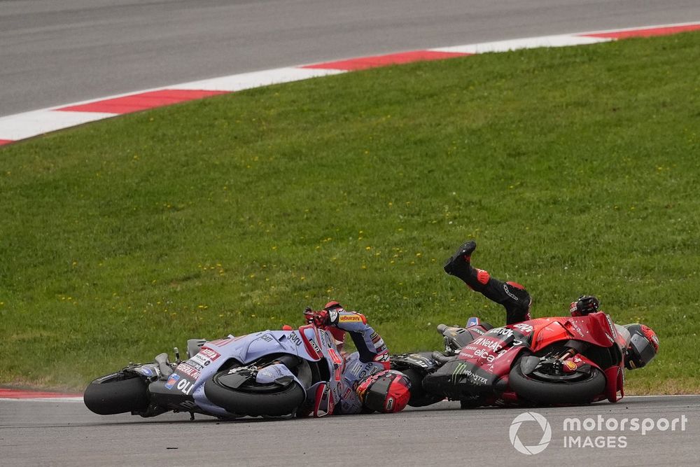 Marc Marquez, Gresini Racing and Francesco Bagnaia, Ducati Team crash