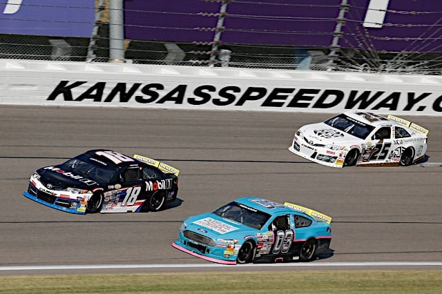 2023 ARCA Kansas II pack racing III - Connor Mosack, No. 18 Joe Gibbs Racing Toyota, Alex Clubb, No. 03 Clubb Racing Inc. Ford, and Dean Thompson, No. 25 Venturini Motorsports Toyota (Credit: NKP)