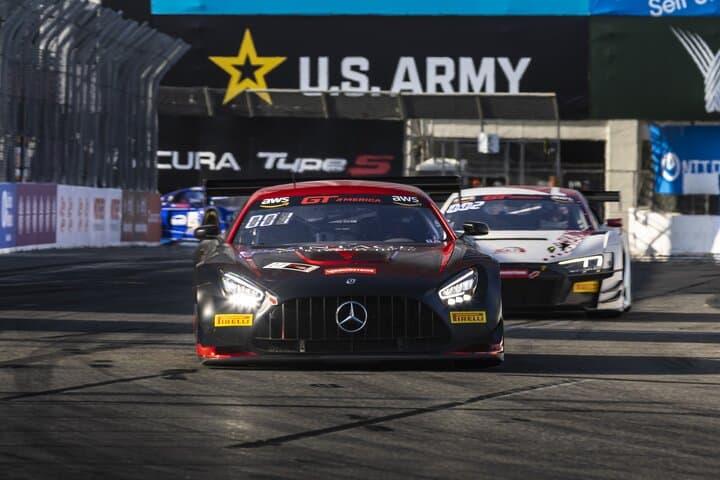 Jason Daskalos and Johnny O'Connell race each other during GT America powered by AWS Race No. 1 in Long Beach, 4/20/2024 (Photo: Fabian Lagunas/SRO Motorsports Group)
