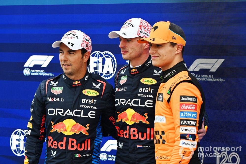 Pole man Max Verstappen, Red Bull Racing, Sergio Perez, Red Bull Racing, Lando Norris, McLaren F1 Team