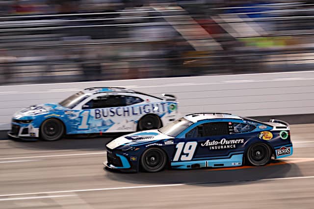 2024 Cup Richmond I side-by-side racing III - Ross Chastain, No. 1 Trackhouse Racing Chevrolet, and Martin Truex Jr., No. 19 Joe Gibbs Racing Toyota (Credit: NKP)