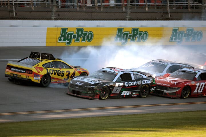 Michael McDowell spins in the tri-oval on the final lap of the GEICO 500 at Talladega Superspeedway, sparking the Big One, 4/21/2024 (Photo: NASCAR Media via James Gilbert of Getty Images)