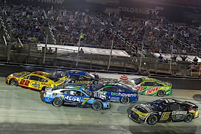 NASCAR Cup Series cars of Joey Logano, Corey LaJoie and others involved in a wreck/crash in Bass Pro Shops Night Race at Bristol Motor Speedway, NKP