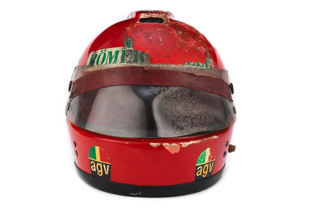 The burnt helmet of Niki Lauda, Ferrari after his accident 