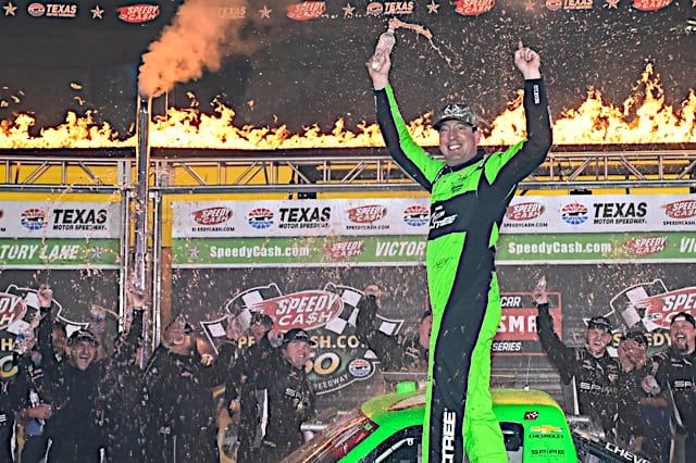 Nascar Truck Series Kyle Busch celebrating in victory lane after winning at Texas, NKP