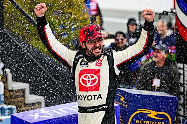 Nascar Xfinity Series driver Ryan Truex celebrates in victory lane after winning at Dover, NKP