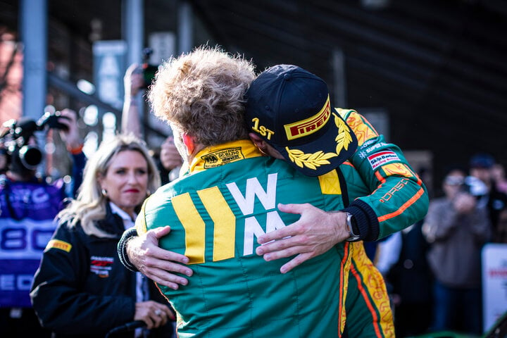 Adam Adelson and Elliott Skeer embrace after winning Fanatec GT World Challenge America powered by AWS Race No. 1 at Sonoma Raceway, 4/6/2024 (Photo: Fabian Lagunas/SRO Motorsports Group)