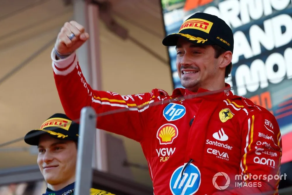 Leclerc celebrates his maiden Monaco GP win on the podium
