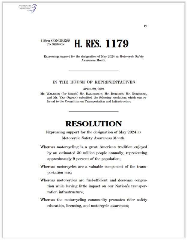 240515 118th Congress Supports Motorcycle Safety Awareness Month with House Resolution 1179