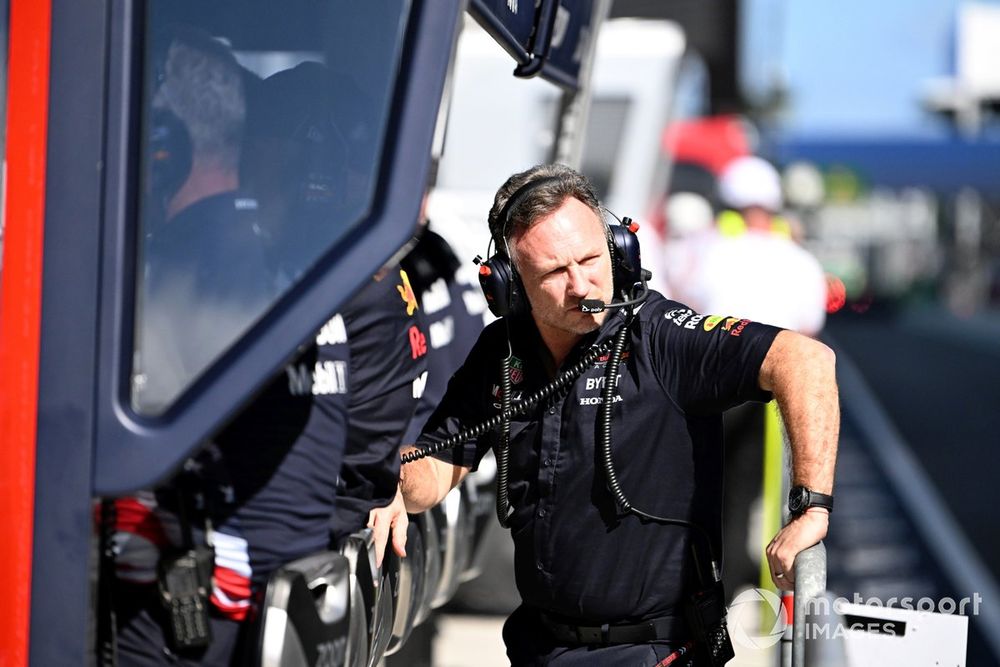 Christian Horner, Team Principal, Red Bull Racing, on the pit wall