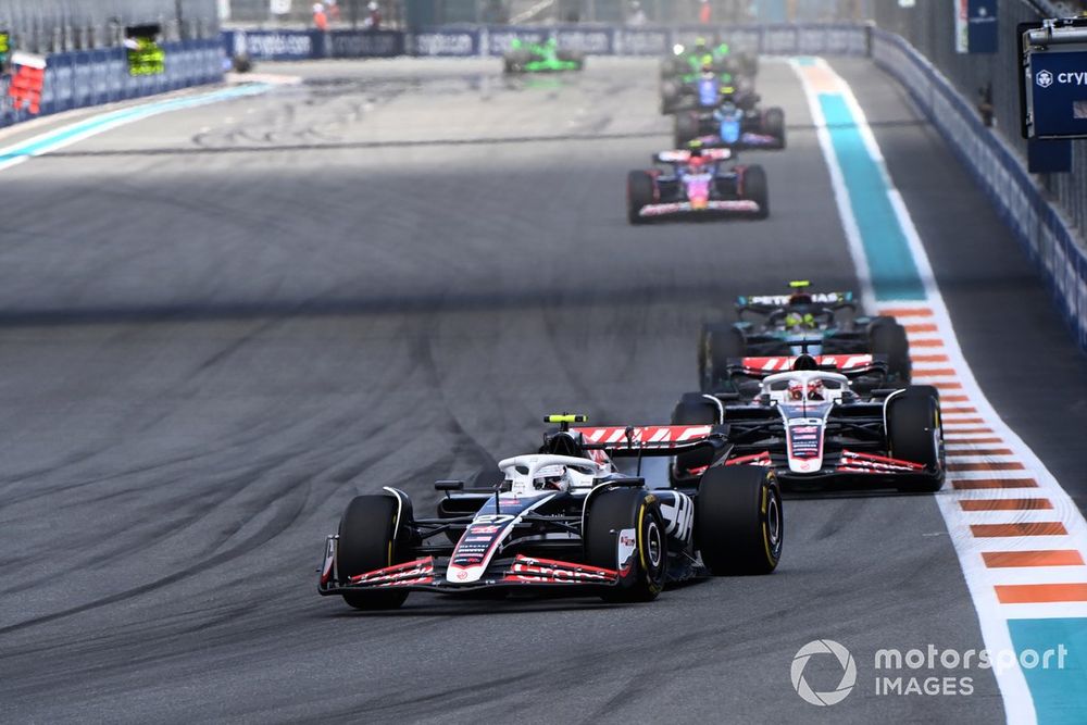 Nico Hulkenberg leads Kevin Magnussen and Lewis Hamilton in the Miami GP sprint race