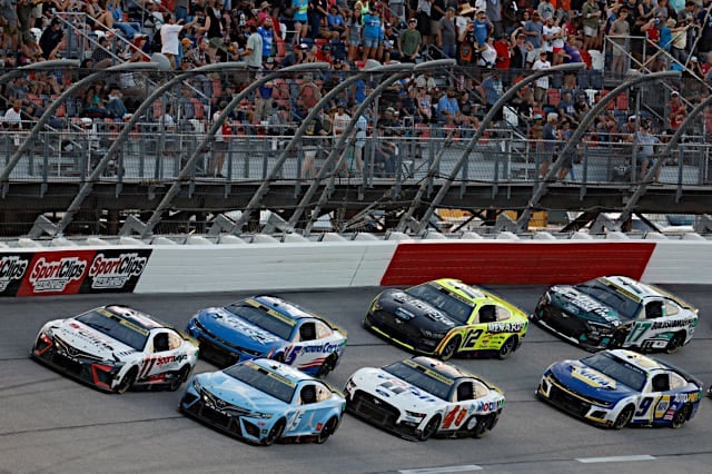 2023 Cup Darlington II pack racing III - Denny Hamlin, No. 11 Joe Gibbs Racing Toyota, and Tyler Reddick, No. 45 23XI Racing Toyota (Credit: NKP)