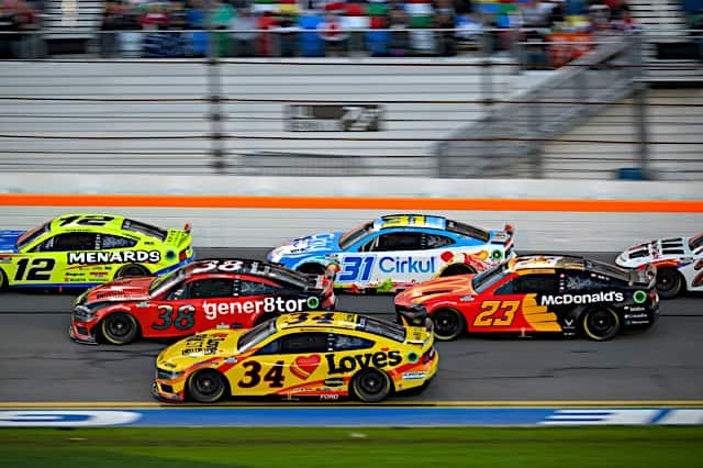 #34: Michael McDowell, Front Row Motorsports, Love's Travel Stops Ford Mustang, #38: Todd Gilliland, Front Row Motorsports, gener8tor Ford Mustang, #23: Bubba Wallace, 23XI Racing, McDonald's Toyota Camry