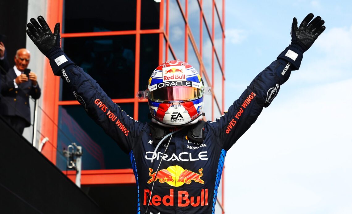 IMOLA, ITALY - MAY 19: Race winner Max Verstappen of the Netherlands and Oracle Red Bull Racing celebrates in parc ferme during the F1 Grand Prix of Emilia-Romagna at Autodromo Enzo e Dino Ferrari Circuit on May 19, 2024 in Imola, Italy. (Photo by Mark Thompson/Getty Images) // Getty Images / Red Bull Content Pool // SI202405190437 // Usage for editorial use only //