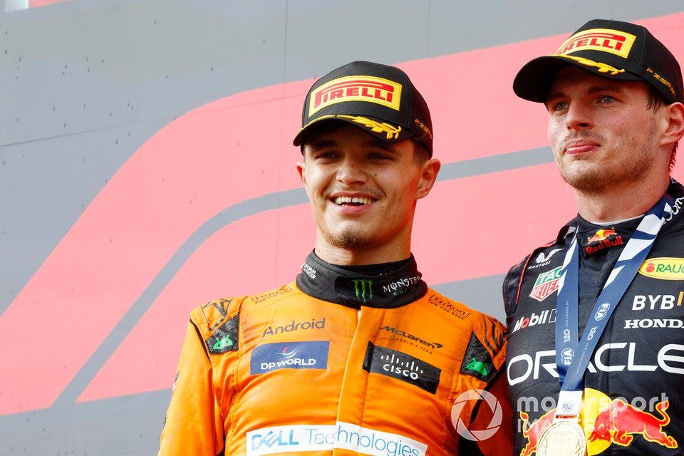 Lando Norris, McLaren F1 Team, 2nd position, Max Verstappen, Red Bull Racing, 1st position, on the podium