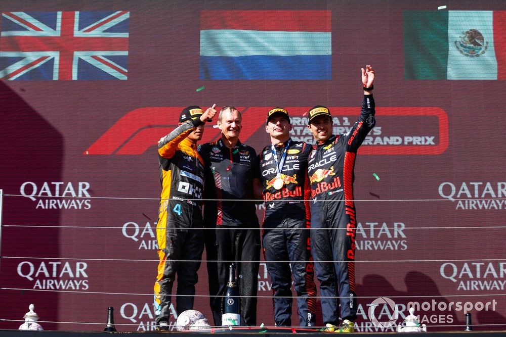 Lando Norris, McLaren, 2nd position, Paul Monaghan, Chief Engineer, Red Bull Racing, Max Verstappen, Red Bull Racing, 1st position, Sergio Perez, Red Bull Racing, 3rd position, on the podium