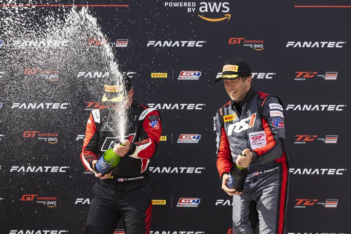 Trent Hindman and Spencer Pumpelly celebrate their victory in Fanatec GT World Challenge America powered by AWS Race No. 1 at Sebring International Raceway, 5/4/2024 (Photo: Fabian Lagunas/SRO Motorsports Group)