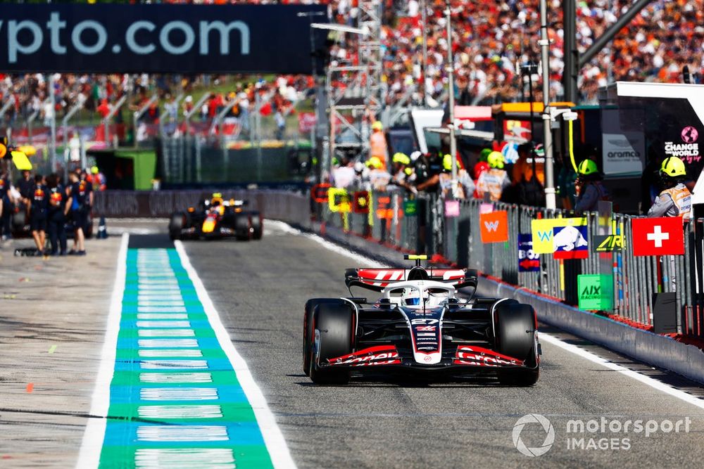 Nico Hulkenberg, Haas VF-24, in the pit lane