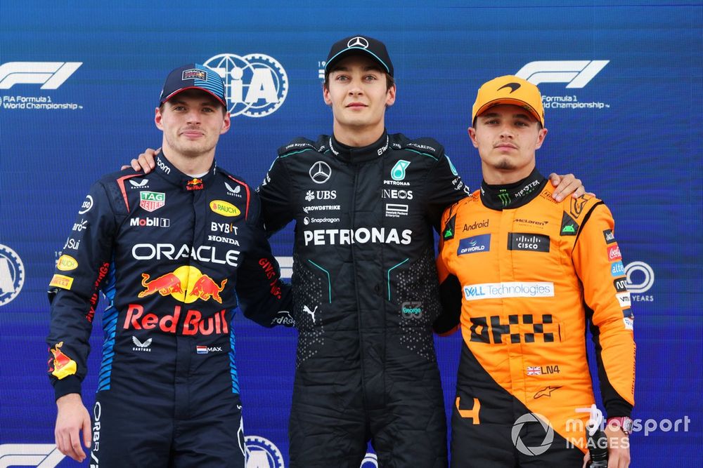 Pole man George Russell, Mercedes-AMG F1 Team, with Max Verstappen, Red Bull Racing, Lando Norris, McLaren F1 Team 