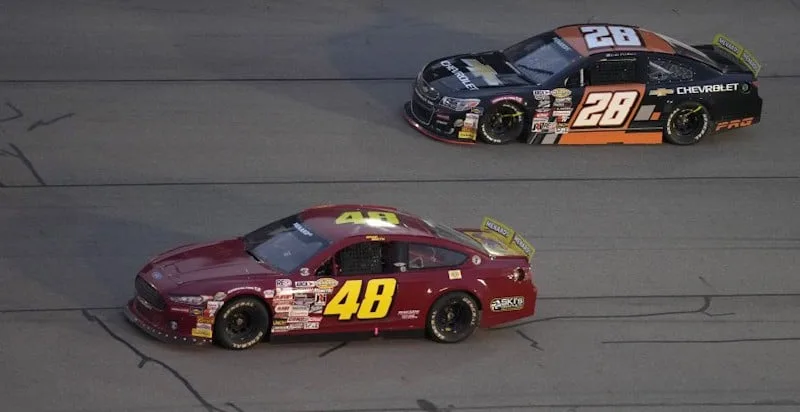 2023 ARCA Iowa racing - Brad Smith, No. 48 Brad Smith Motorsports Ford, and Luke Fenhaus, No. 28 Pinnacle Racing Group Chevrolet (Credit: Matthew Putney/ARCA Racing used with permission)