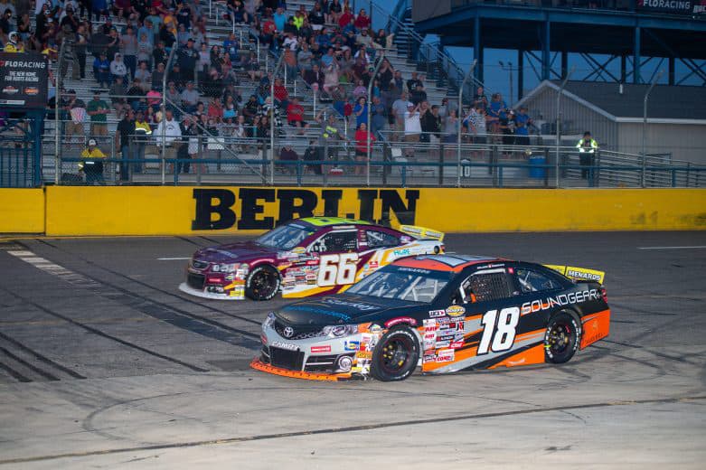 2023 ARCA Berlin side-by-side racing - William Sawalich, No. 18 Joe Gibbs Racing Toyota, and Jon Garrett, No. 66 Veer Motorsports Chevrolet (Credit: Eric Bronson/ARCA Racing used with permission)