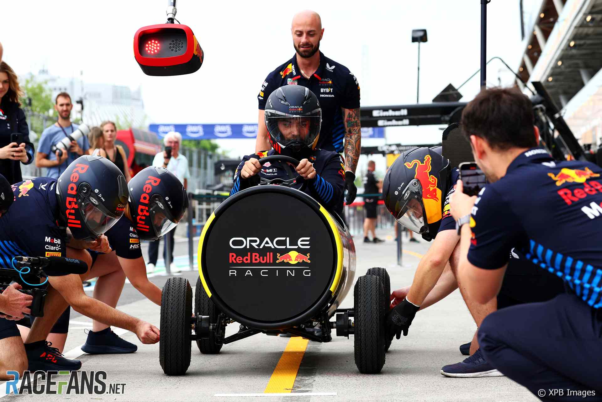 Red Bull pit stop practice with a go-kart, Circuit Gilles Villeneuve, 2024