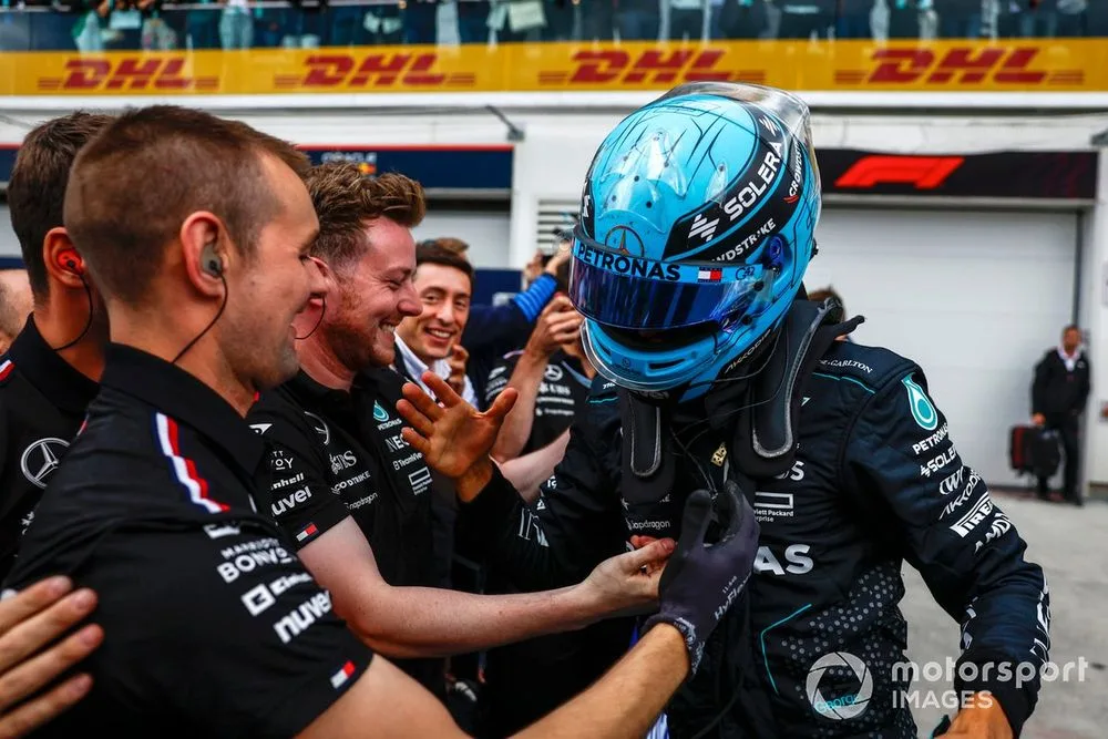Pole man George Russell, Mercedes-AMG F1 Team, celebrates in Parc Ferme