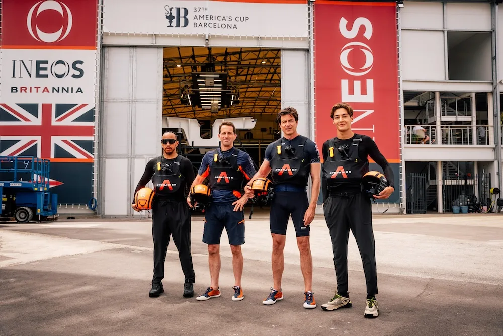 Lewis, George, and Toto Visit INEOS Britannia in Barcelona