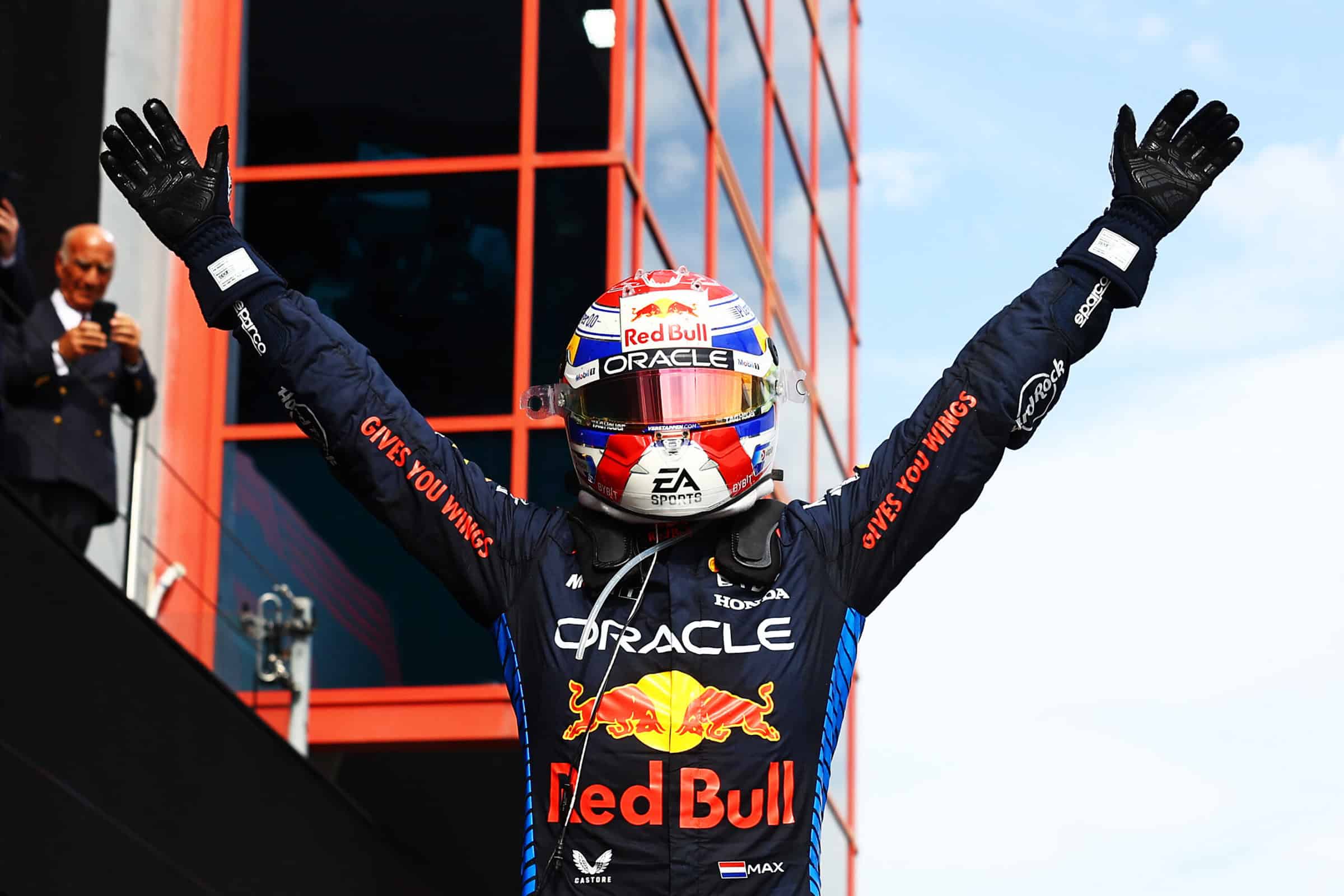 IMOLA, ITALY - MAY 19: Race winner Max Verstappen of the Netherlands and Oracle Red Bull Racing celebrates in parc ferme during the F1 Grand Prix of Emilia-Romagna at Autodromo Enzo e Dino Ferrari Circuit on May 19, 2024 in Imola, Italy. (Photo by Mark Thompson/Getty Images) // Getty Images / Red Bull Content Pool // SI202405190437 // Usage for editorial use only //