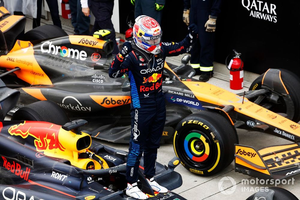 Max Verstappen, Red Bull Racing, 1st position, celebrates on arrival in Parc Ferme